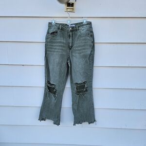 Zenana Outfitters Olive Distressed Flare Jeans